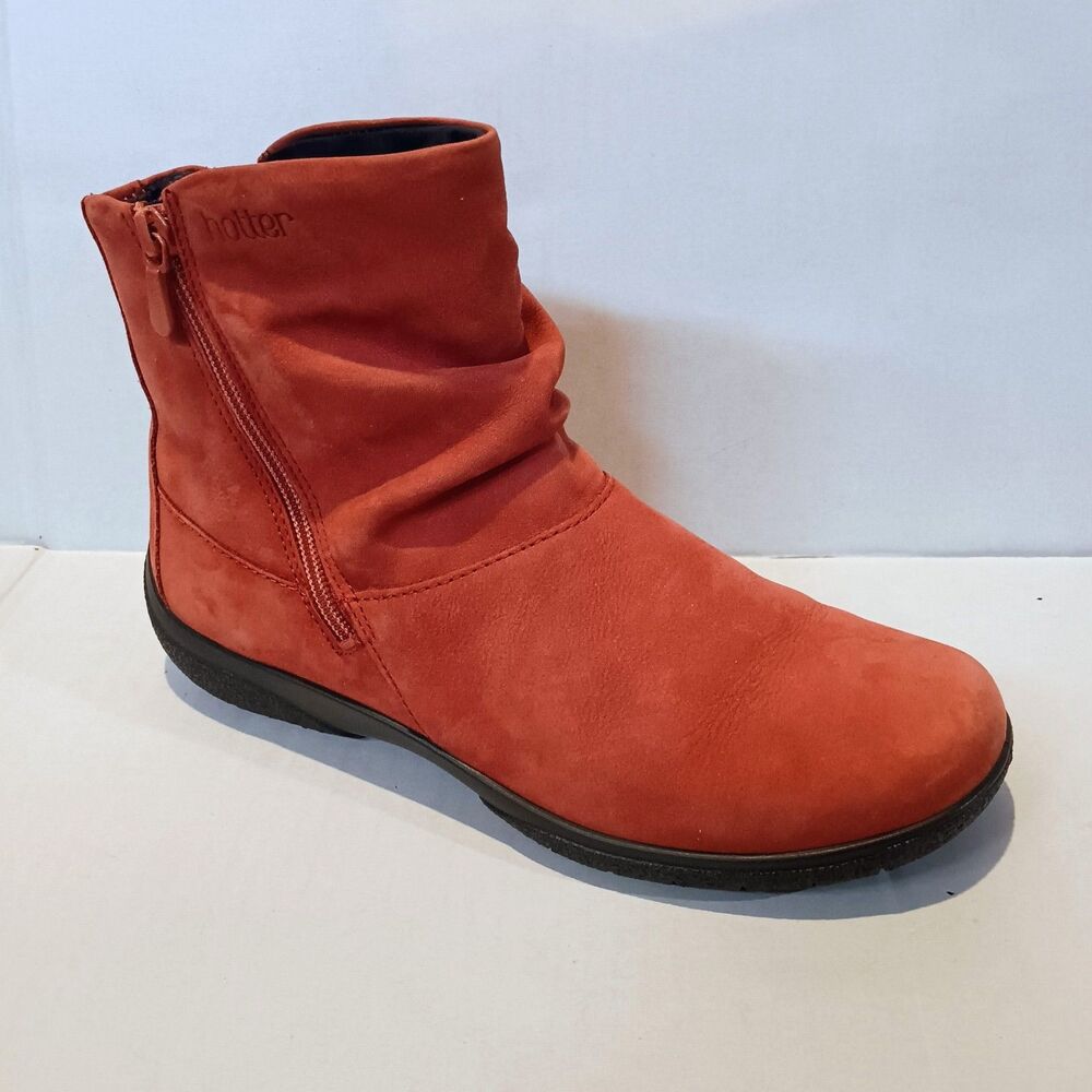 Hotter Suede Whisper Slouch Ankle Boots-Size 9-Orange/Spice-Double Zipper
